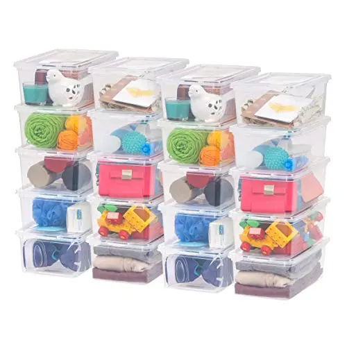 IRIS USA clear plastic storage bins with lids stacked in a closet