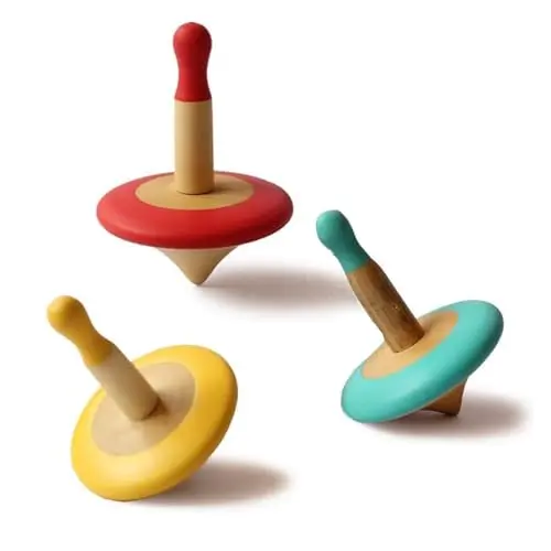 Shumee wooden spinning tops set in red, blue, yellow