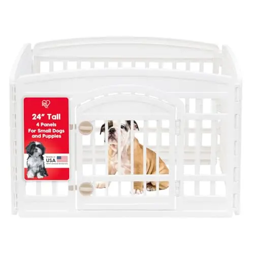 IRIS USA white plastic playpen with door in indoor setting
