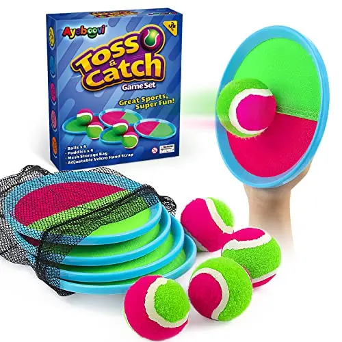 Ayeboovi toss and catch ball game with paddles and sticky balls