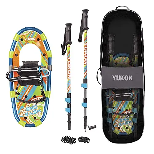 Yukon Charlie's kids snowshoes with trekking poles in multi-color design
