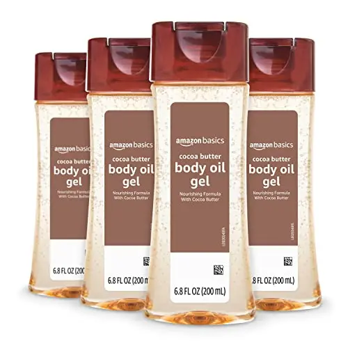 Amazon Basics body oil gel with cocoa butter in four-pack bottles