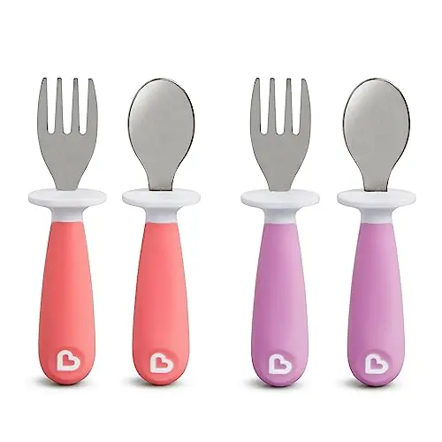 Munchkin Raise toddler fork and spoon set with tip-protecting base in pink and purple