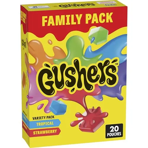 Gushers fruit snacks with tropical and strawberry flavors and juicy centers