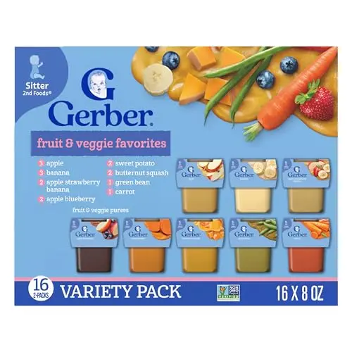 Gerber baby food jars with vegetable and fruit purees in a variety pack