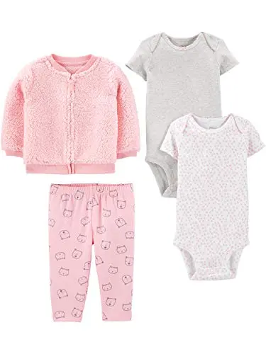 Carter's baby girl outfit set with jacket, pants, and bodysuits in pink cat pattern