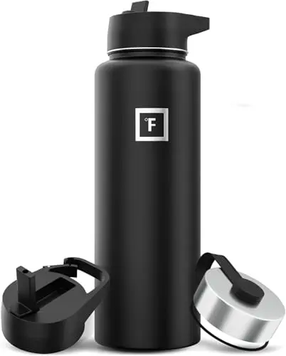 IRON FLASK insulated stainless steel water bottle with three lids in midnight black