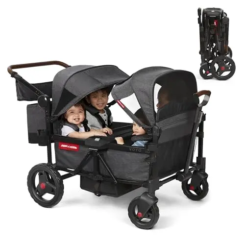 Radio Flyer Voya stroller wagon in gray with four seats and dual canopies