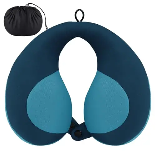 INFANZIA blue travel neck pillow with snap button and honeycomb fabric