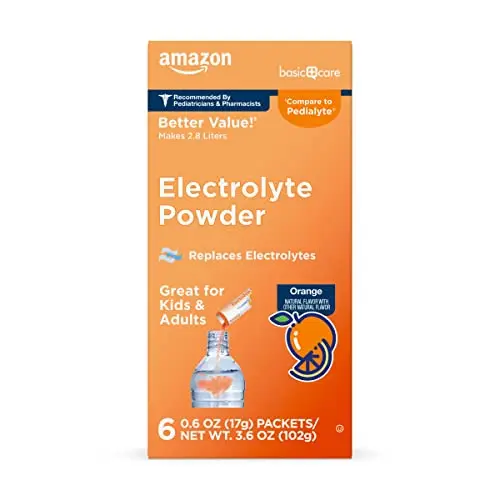 Amazon Basic Care electrolyte powder packets in orange flavor