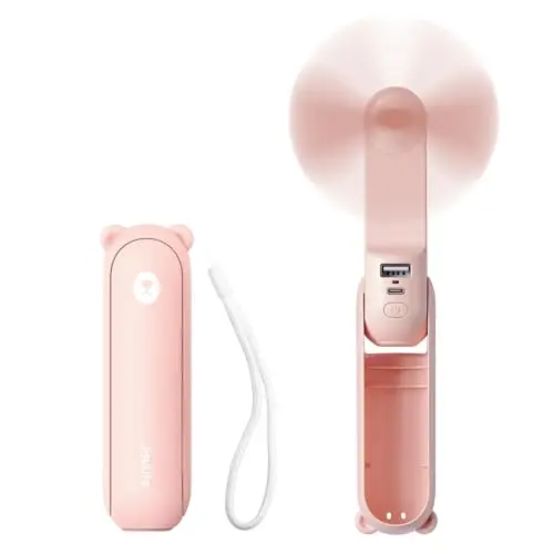 JISULIFE pink handheld mini fan with power bank and flashlight functions