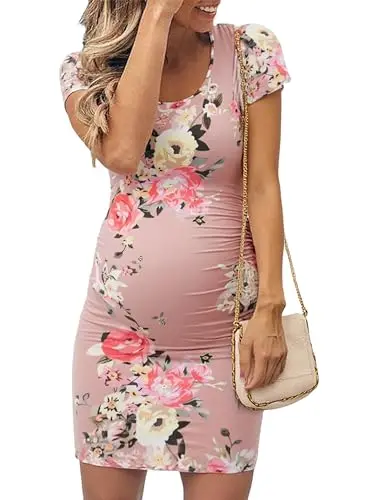 MUSIDORA pink floral maternity baby shower dress with side ruching