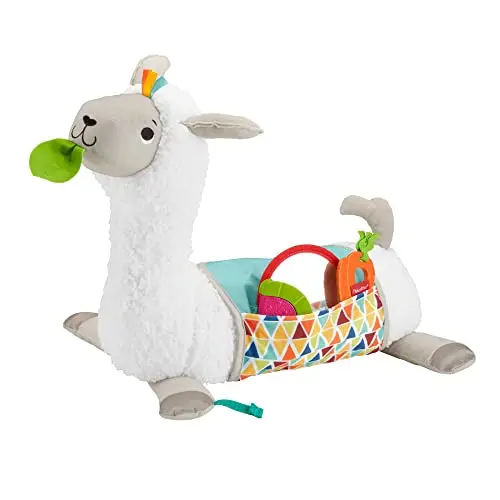 Fisher-Price plush llama tummy time wedge with attached toys including mirror, teether, and rattle