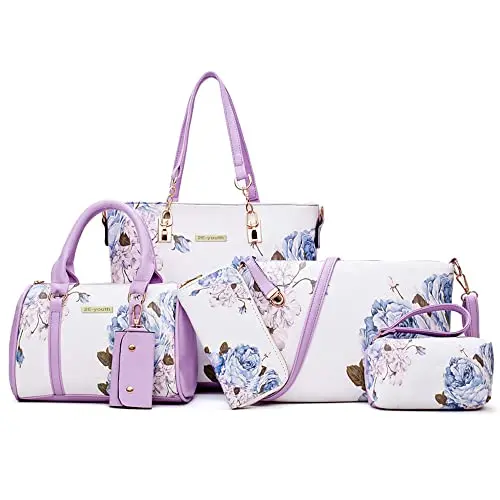 2E-youth 6-piece purse set in purple and white floral design with tote and clutch bags