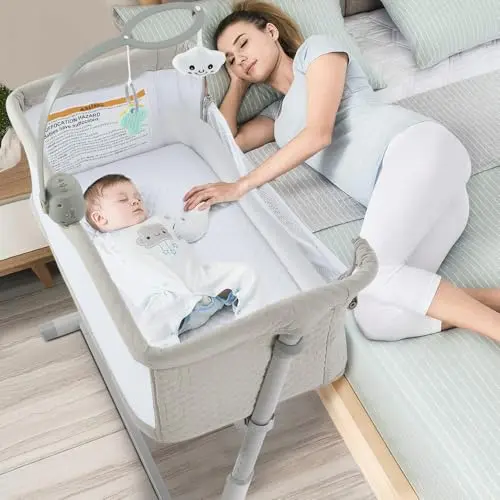 RONBEI baby bassinet with music box and light grey fabric