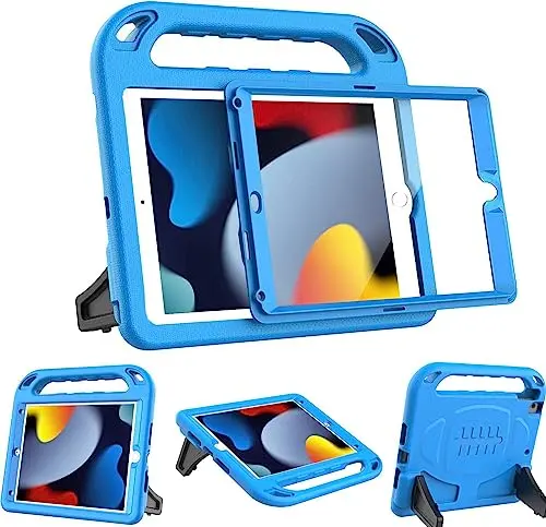 BMOUO blue iPad case with handle and integrated screen protector for children