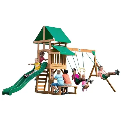 Backyard Discovery Belmont cedar wood swing set with snack bar and picnic area