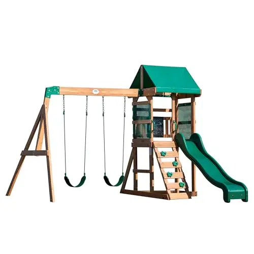 Backyard Discovery cedar wood swing set with wave slide and chalkboard