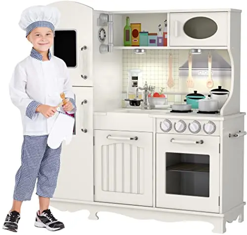 Kiddery Toys wooden play kitchen with reversible backsplash and classic phone