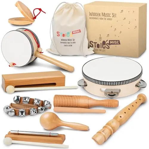 Stoie's wooden musical instruments set with drum, bells, and flute