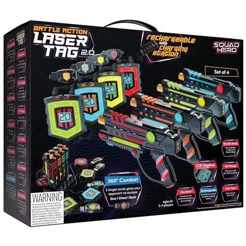 Squad Hero rechargeable laser tag set with 360-degree sensors and LCD displays
