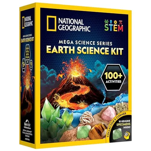 National Geographic STEM kit with volcano, crystal growing, and dig kits