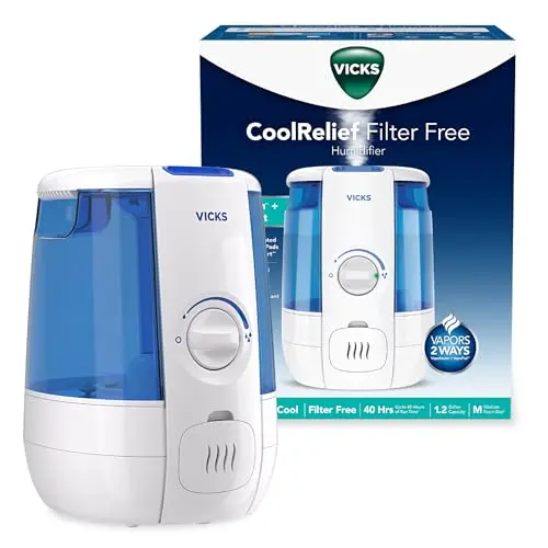 Vicks CoolRelief Cool Mist Humidifier in a bedroom setting