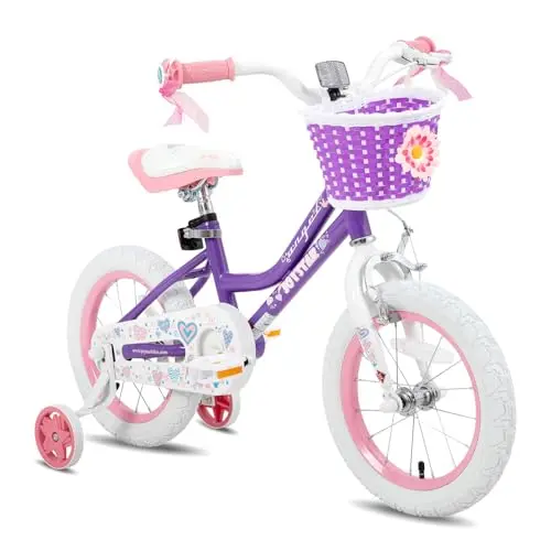 JOYSTAR 12 inch purple toddler bike with training wheels and basket