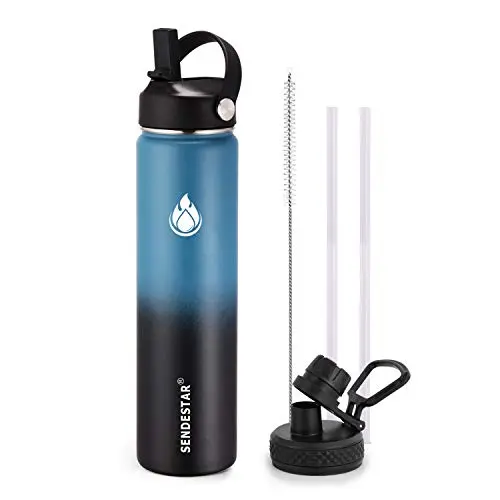 SENDESTAR insulated water bottle in deep blue and black with two lid options