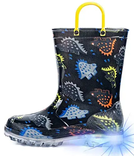HugRain black dinosaur light-up rain boots for toddlers