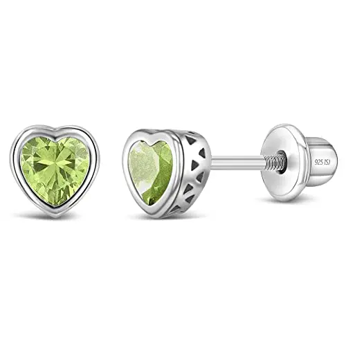 Sterling silver heart-shaped earrings with green birthstone for kids