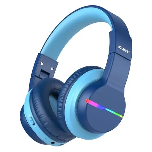 iClever BTH12 wireless kids headphones with colorful LED lights in blue
