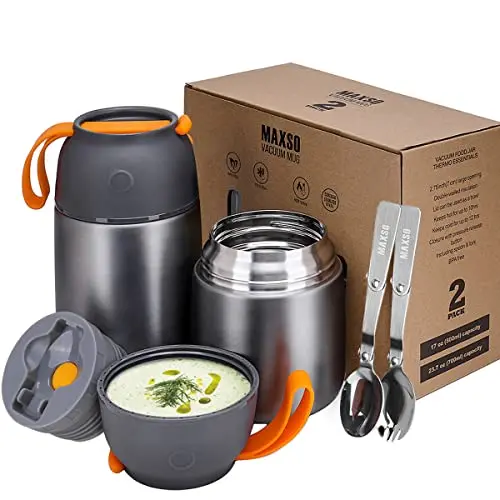 MAXSO 2-pack insulated food jars in grey with spoon