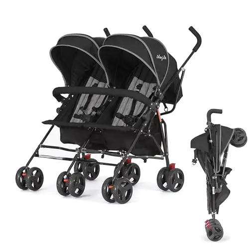 Dream On Me Volgo Twin umbrella stroller in black folded flat