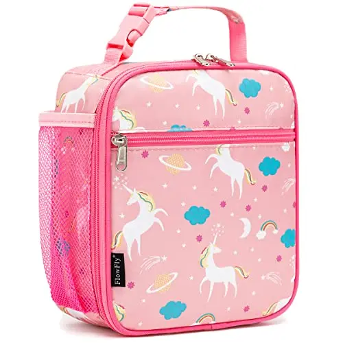 FlowFly insulated lunch bag with unicorn design and multiple pockets