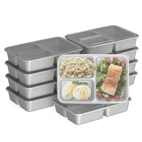 Bentgo silver plastic meal prep containers with three compartments