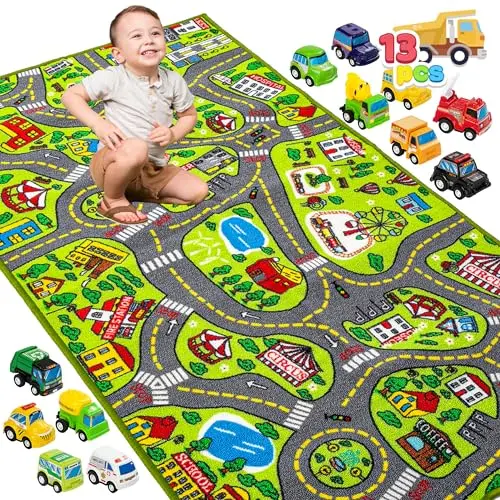 JOYIN kids play rug with city theme and included vehicle toys
