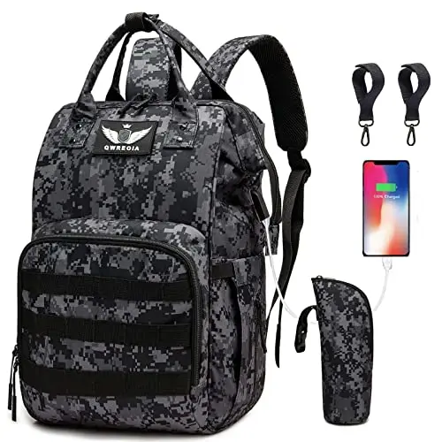 QWREOIA black camo diaper backpack with USB port and multiple compartments