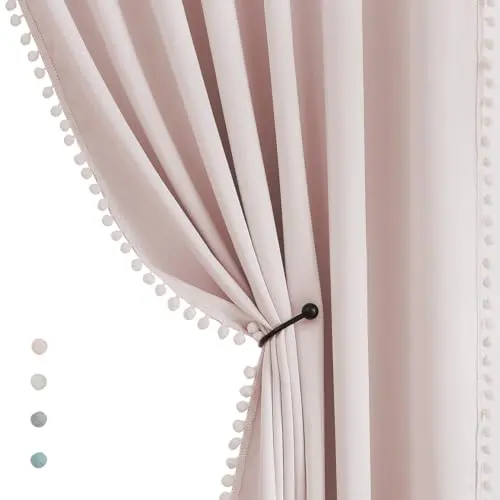 TREATMENTEX pink pom-pom trimmed blackout curtains for girls nursery