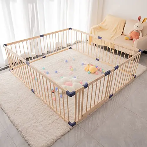 BONRCEA wooden baby playpen with natural finish and safety gate