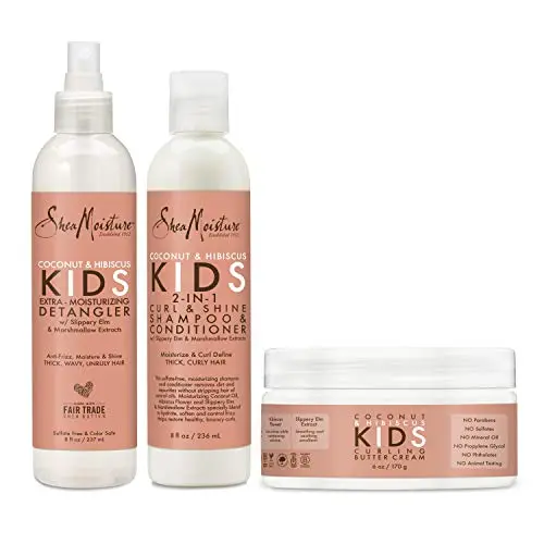 SheaMoisture kids curly hair care set with shampoo, conditioner, detangler, and butter cream