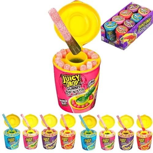 Juicy Drop Gummy Dip 'N Stix with sweet gummy sticks and sour dipping gel