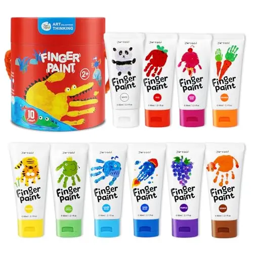 Jar Melo washable finger paints in 10 colors with large tubes
