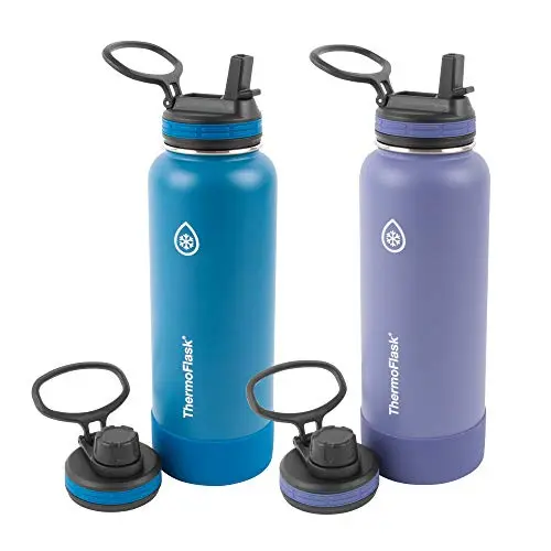 ThermoFlask insulated stainless steel water bottle in blue and mauve colors