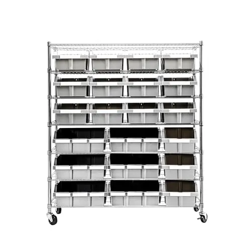 Seville Classics heavy duty bin rack with multiple shelves and storage bins