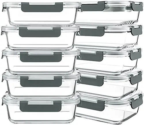KOMUEE 10-pack glass meal prep containers in gray