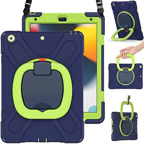 BRAECN iPad case for kids in navy and green colors with 360-degree rotating handle and kickstand