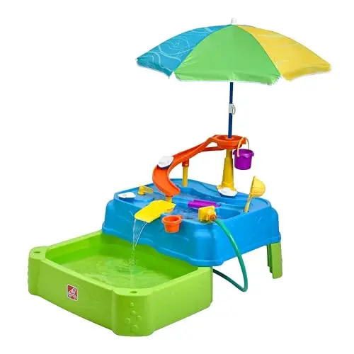 Step2 Waterpark Wonders two-tier water table with umbrella and toy accessories