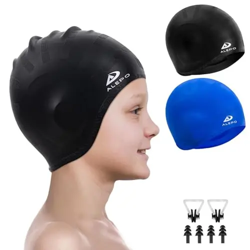 Alepo kids swim cap with 3D ear pockets in black and blue