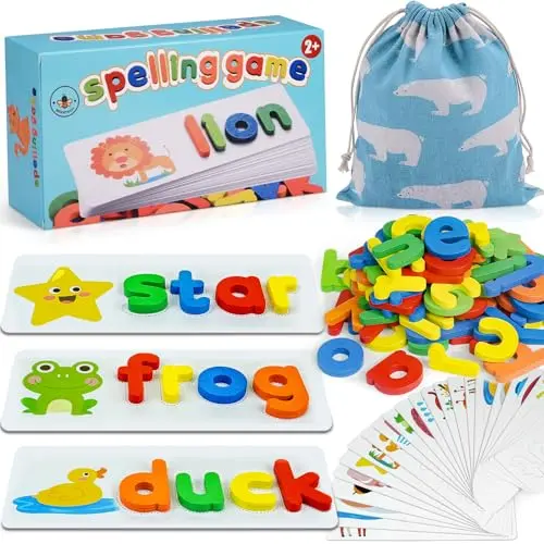 BEESTECH wooden alphabet puzzle with flash cards and letters